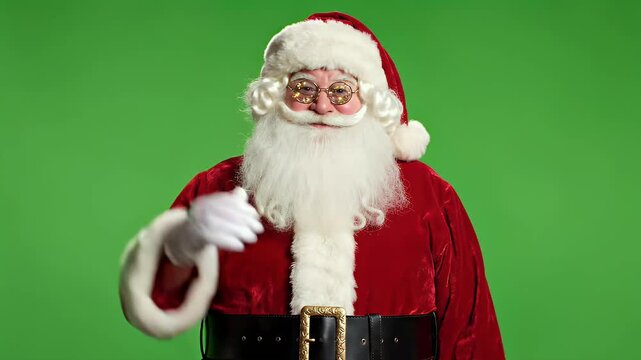 A cheerful Santa Claus, dressed in his traditional red suit and white fur trim, waves to the viewer against a vibrant green screen background.