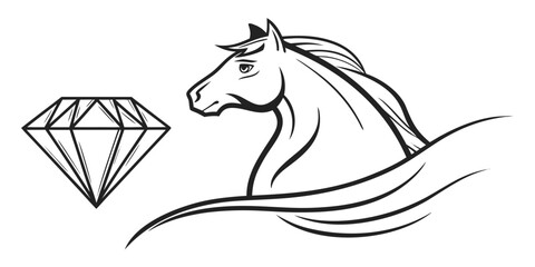 Stylized horse head profile with flowing mane and brilliant faceted diamond graphic vector illustration precious strength elegance majestic equestrian background valuable © Mamun