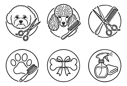 Outline icon set of 6 pet grooming symbols featuring dogs, scissors, paw, bone and spray bottle for veterinary and salon design