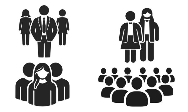 Set of people icons and group silhouettes isolated on white. business team and crowd symbols for design. team group, business people, crowd icon, social network, community concept
