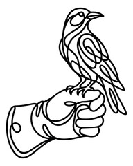 Obraz premium Celtic line art illustration of a raven perched on a gloved hand depicting a decorative bird for fantasy and medieval design