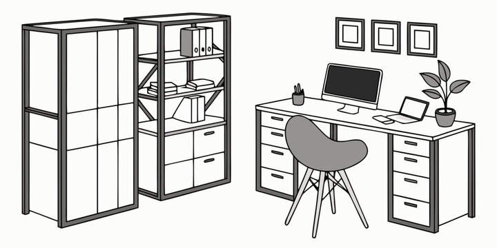 Contemporary home office setup with computer desk ergonomic chair various storage units depicting a productive remote workspace for modern professionals remote work line art workspace computer