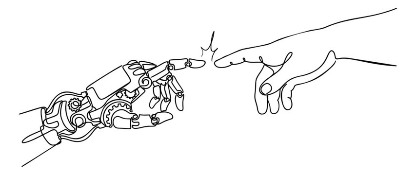 Line art illustration of robot and human hands touching depicting artificial intelligence collaboration for technology design