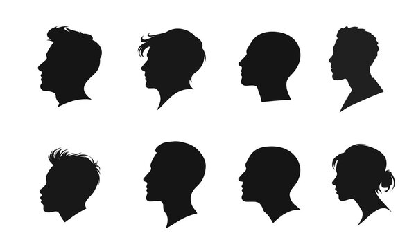 Male head silhouette set, profile icons of men with various hairstyles, vector black illustration, male profile, head silhouette, man icon, human head	
