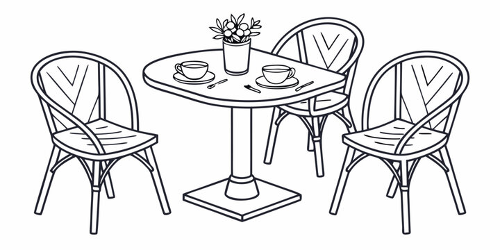 Outdoor cafe table and three chairs with coffee cups and plant arrangement bistro setting line art illustration street cafe garden furniture coffee shop interior design white background