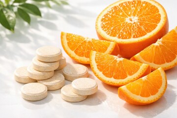 Fototapeta premium Orange slices next to a pile of vitamin C tablets on a white surface with green leaves in the background.