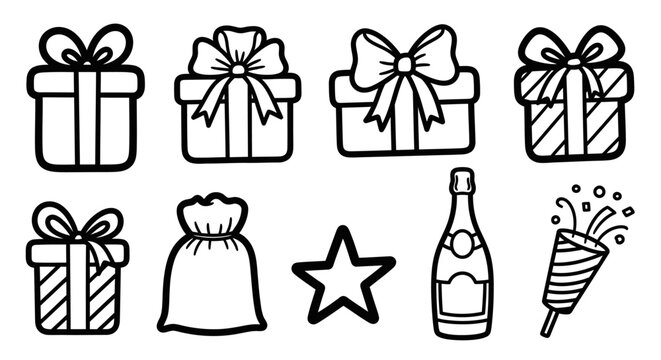Holiday celebration icons gifts champagne star cracker vector illustration