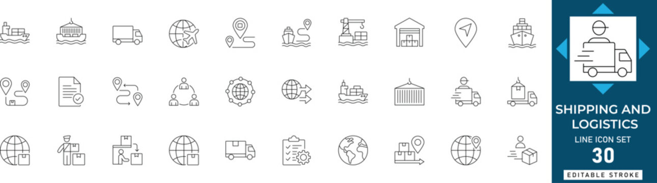Shipping and logistics line icon set featuring global delivery, cargo, warehouse, freight, truck, distribution, and storage. Professional editable vector illustration.
