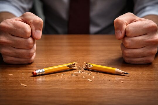 A person clenches their fists in frustration over a broken pencil on a wooden table.