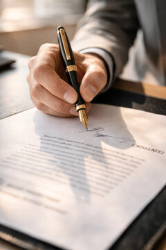 Close-up of a person signing a document with a pen