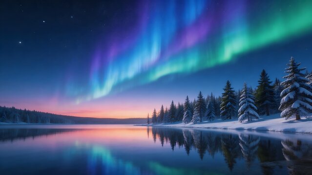 Northern lights over snowy forest and lake