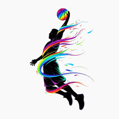 Dynamic Basketball Player Slam Dunk Silhouette with Colorful Swirl Trail © Nur