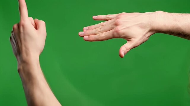 Two hands are reaching towards each other against a vibrant green screen background, suggesting a connection or interaction.