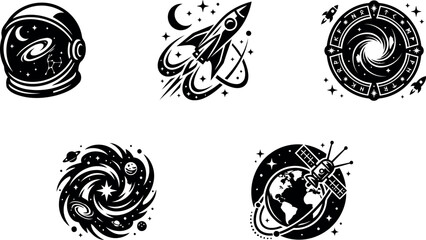 Set of space icons, astronaut helmet, rocket, galaxy, planet © Akunji Turza