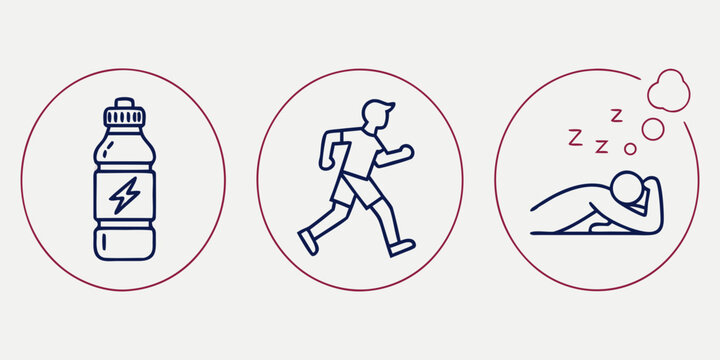 Fitness with water bottle, runner, and sleeping person exercise