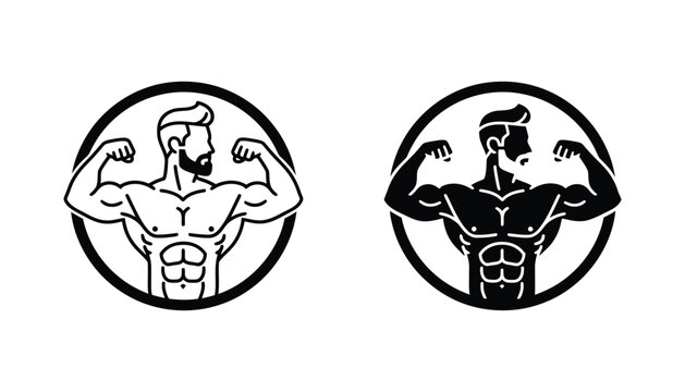 Muscular man flexing biceps vector icon set for gym and fitness branding isolated on white background