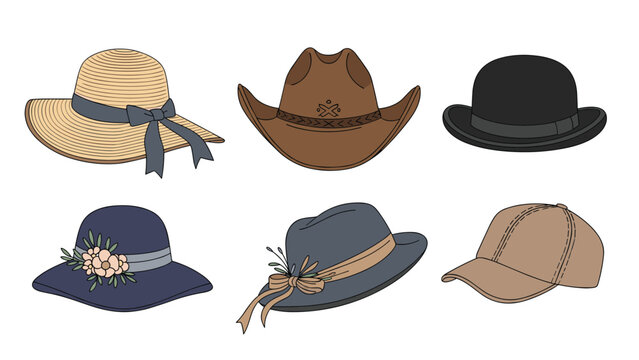 Diverse collection of headwear including a sun hat cowboy hat bowler hat fedora cloche hat and a casual baseball cap in neutral tones.