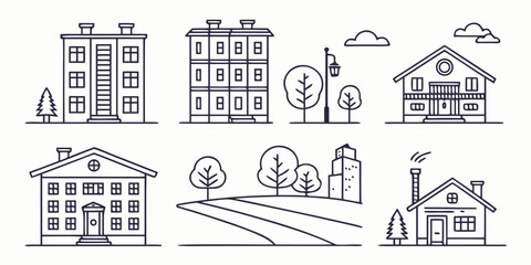 Obraz premium Various buildings and houses line trees landscape architecture