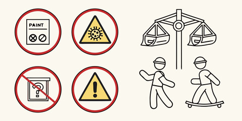 Warning Signs and Safety hazard symbols warning labels skateboard balance © Abu