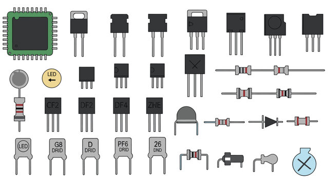 Detailed collection of electronic components including integrated circuits transistors resistors capacitors and LEDs for engineering and diy projects.
