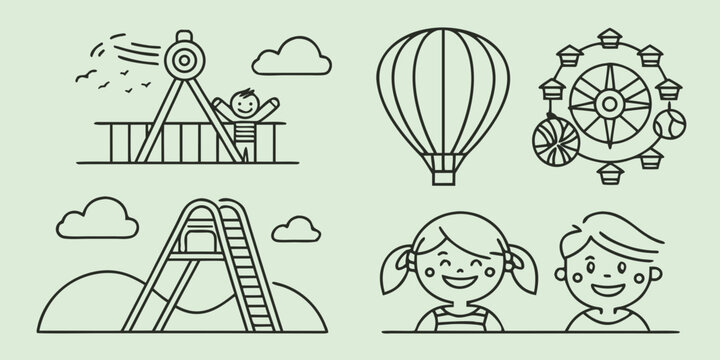 Amusement park and playground line roller coaster hot air balloon Ferris wheel