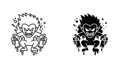Angry graffiti artist character with spray paint cans vector icon set with outline and solid black style © Digital