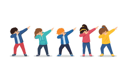 Obraz premium Group of energetic children wearing different colored hoodies performing a synchronized dabbing dance move in a line.