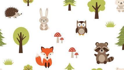 Fototapeta premium Seamless pattern of adorable woodland animals like fox and owl among trees and mushrooms on a white background.