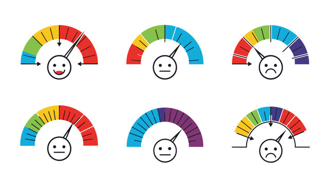 Set of six customer satisfaction meter icons with color coded gauges and expressive smiley faces for feedback reviews.