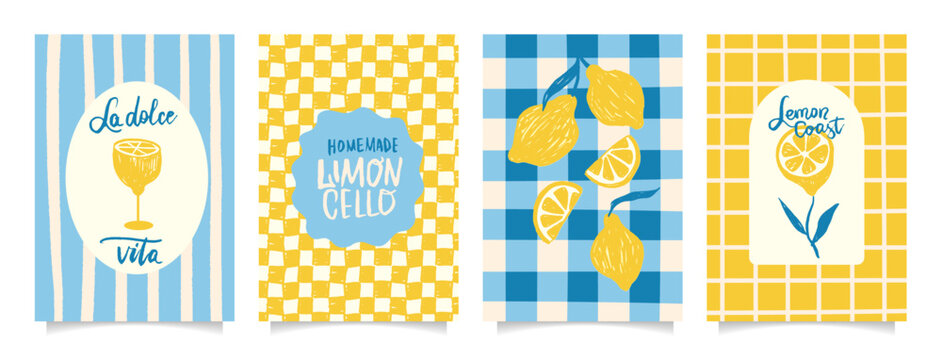 Hand drawn Amalfi lemon poster set with La Dolce Vita cocktails, homemade limoncello, checkered tablecloths and Lemon Coast typography, rustic Mediterranean summer cards for kitchen decor, travel