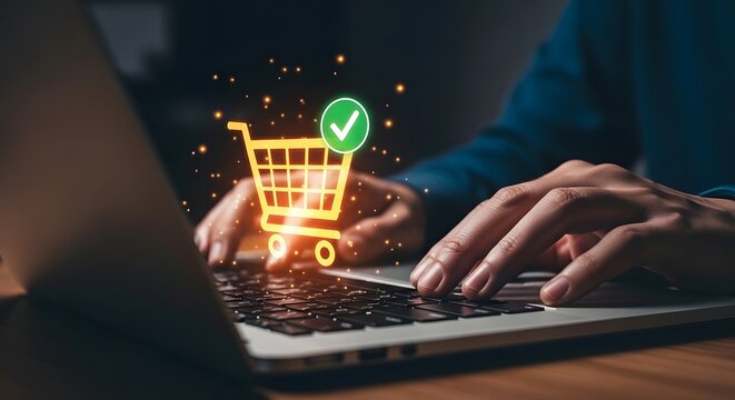 Digital shopping experience hands interacting with a glowing shopping cart icon