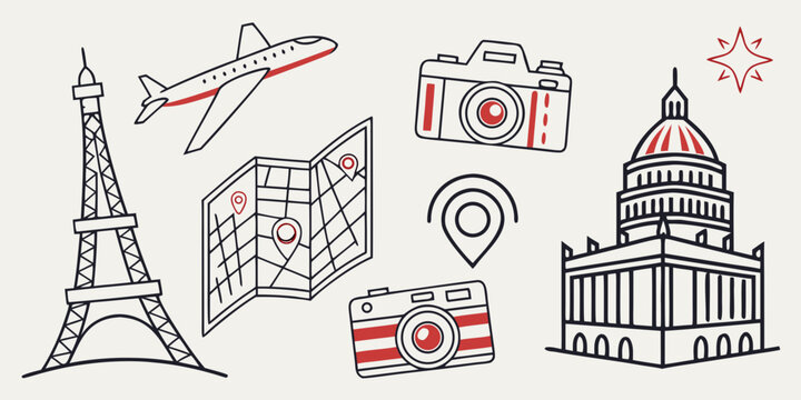 Travel and tourism with Eiffel Tower and US Capitol US Capitol airplane