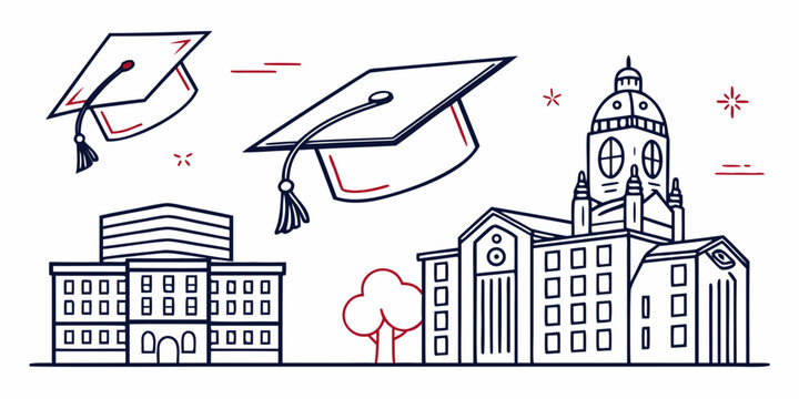 University education and graduation caps buildings