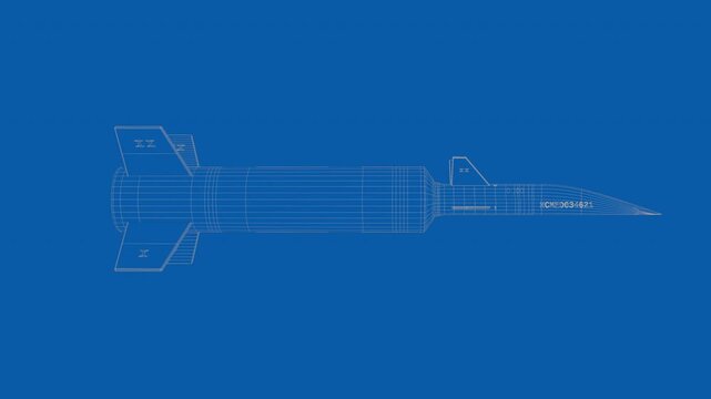 3D animation of a futuristic hypersonic missile blueprint in a seamless rotation loop.