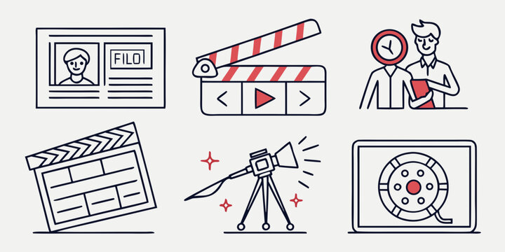 And production line on white background line clapperboard camera tripod monitor