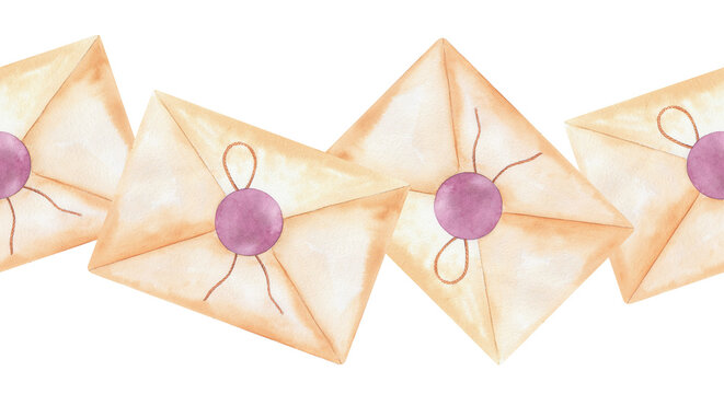 Seamless border of the envelopes. Handmade watercolor illustration. For packaging design, cards, cover, prints, product labels and fabric.