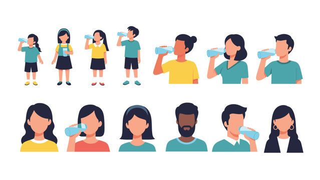 Collection of diverse people of different ages and ethnicities drinking fresh water from glasses and bottles to stay healthy and hydrated.