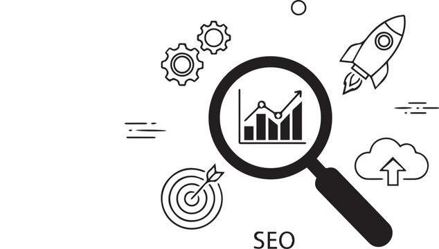 Search Engine Optimization Icons with Magnifying Glass Line Art Style