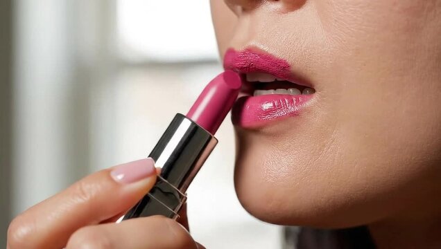 Close-up of female lips being outlined with pink lipstick. The shot focuses on beauty, makeup application and precise detail.