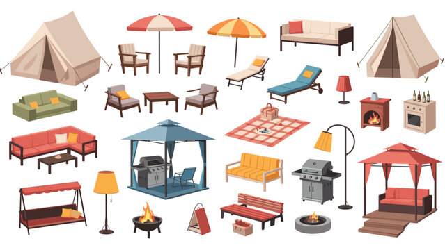 Large set of outdoor furniture and equipment including tents, garden umbrellas, sofas, grills, fire pits, and lighting for backyard living.
