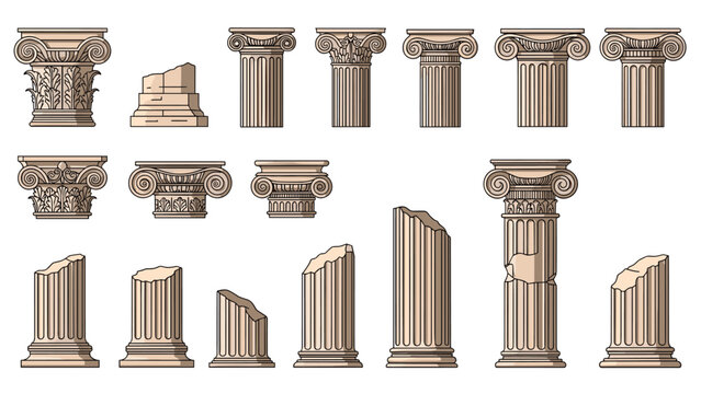 Detailed illustrations of ancient classical columns in various styles and states of ruin, including doric and ionic capitals and broken pillars.