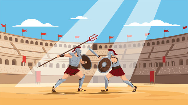 Brave gladiators fight in the center of an ancient Roman coliseum with tridents and swords during a public spectacle.