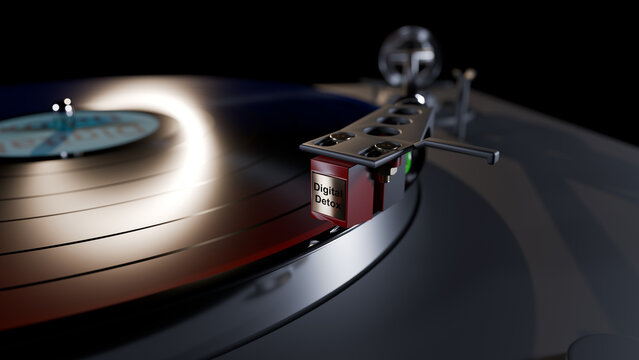 3d render conceptual illustration of a turntable with 'Digital Detox' label.