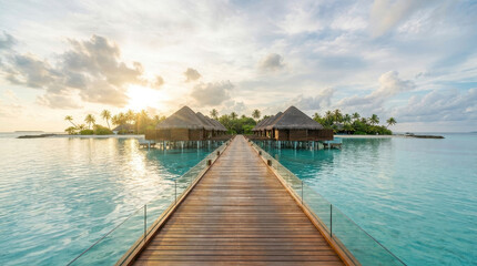 Obraz premium Tropical vacation concept travel overwater bungalow resort sunset lagoon palm island wooden walkway serene turquoise sea warm light