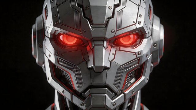 Closeup of a robotic head with glowing eyes