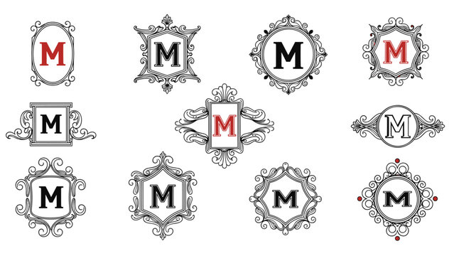 Elegant collection of ornate vintage frames and monograms each containing the letter M in different classical and heraldic styles.