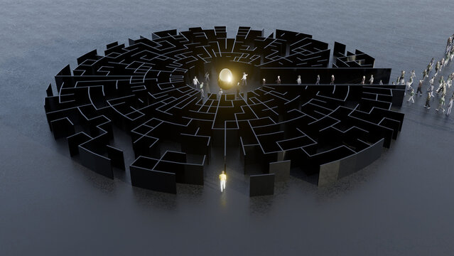 Conceptual 3D rendered illustration of a man in a maze with a golden egg prize.  Metaphor could represent inequality of access or The difficult path to the prize versus the direct route.