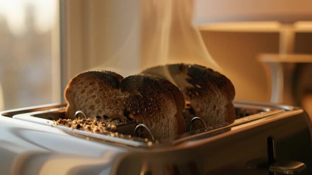 Close-up of two slices of white bread in a toaster as steam rises from the hot toast. The scene captures warmth and breakfast preparation.