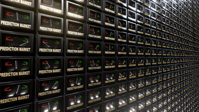 Abstract 3D rendered illustration of prediction market data panels.