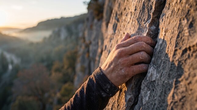 Mano de escalador con magnesio agarrando pared de roca al atardecer 